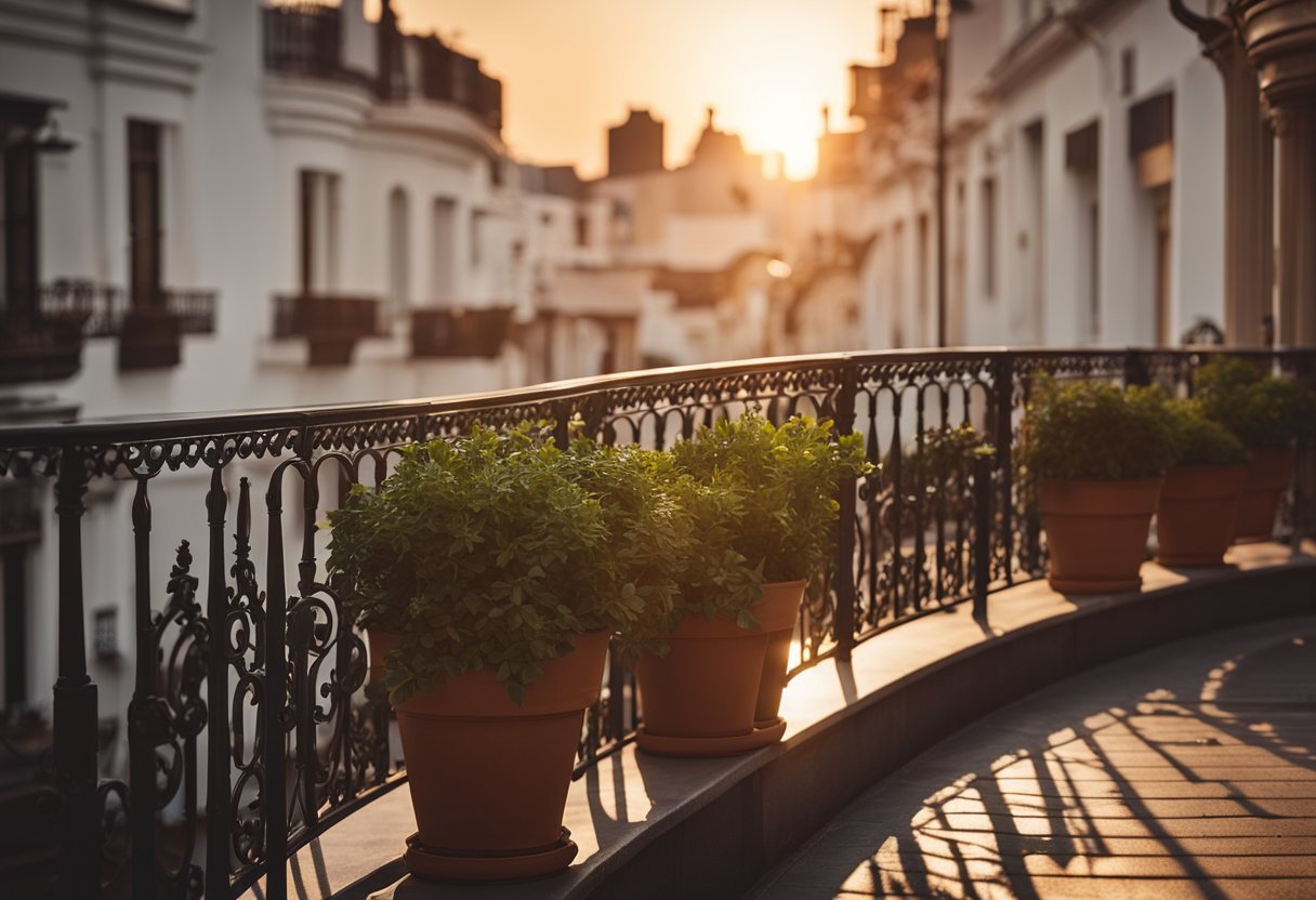 A curved balcony overlooks a bustling city street, adorned with intricate iron railings and potted plants. The sun sets in the distance, casting a warm glow on the scene