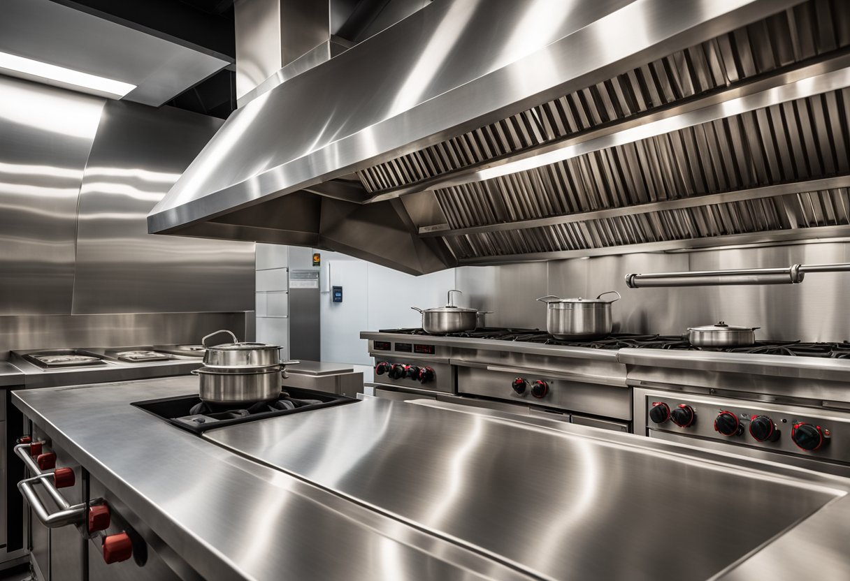 A stainless steel commercial kitchen hood hangs above a row of industrial stovetops, with powerful exhaust fans and sleek, modern design