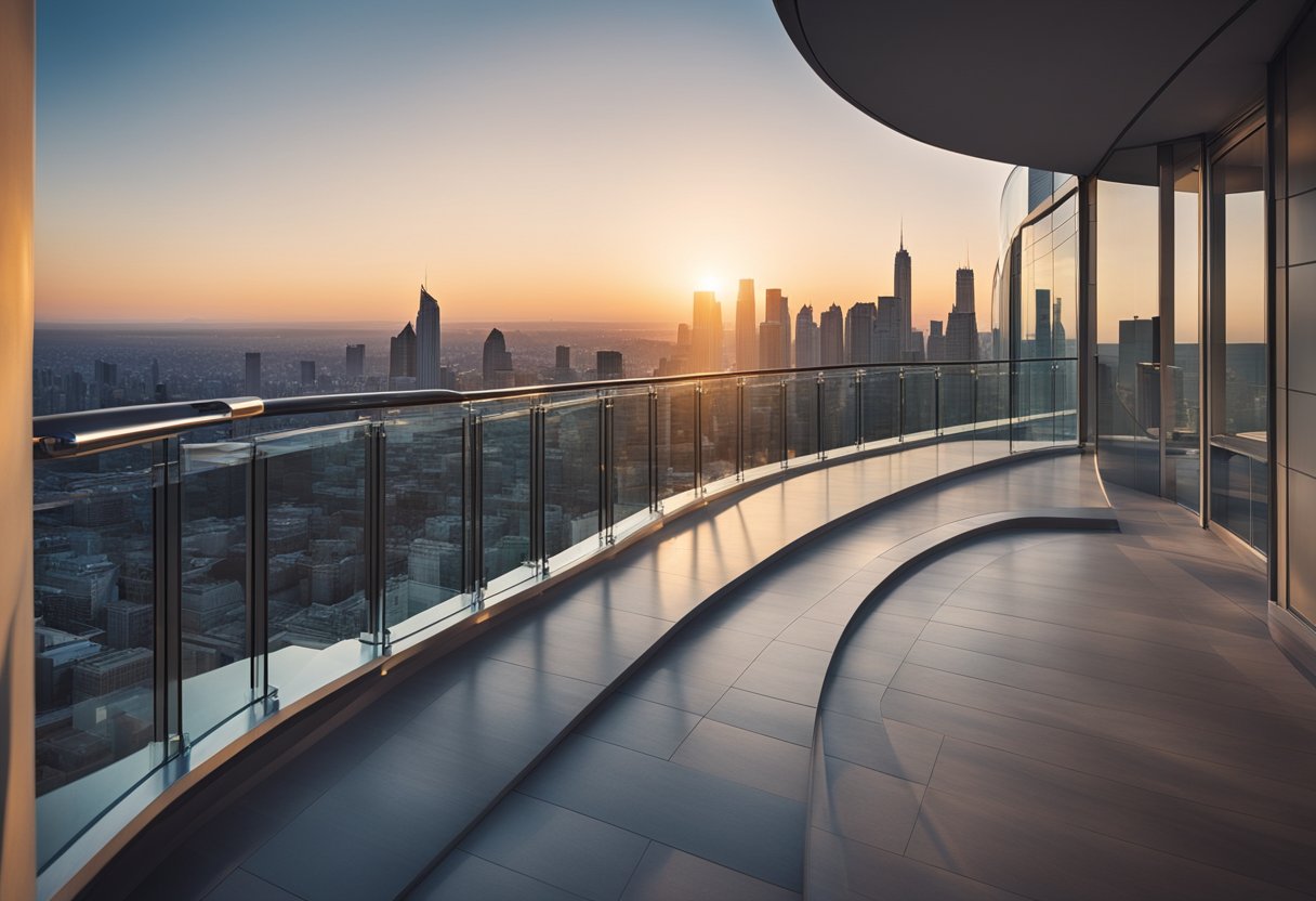A sleek, modern curved balcony with glass railing overlooking a city skyline at sunset