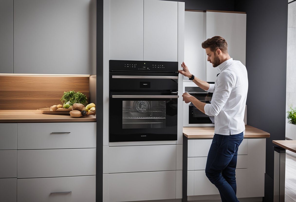 A technician installs a built-in oven in a modern kitchen, surrounded by sleek cabinetry and countertops. Maintenance tools and parts are scattered nearby