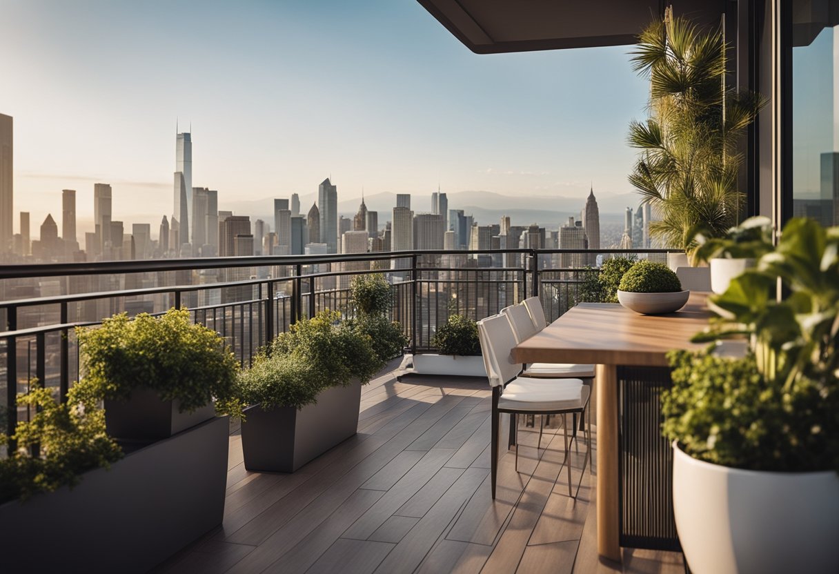 A modern kitchen balcony with sleek metal railing, potted plants, and a cozy outdoor dining area overlooking a city skyline