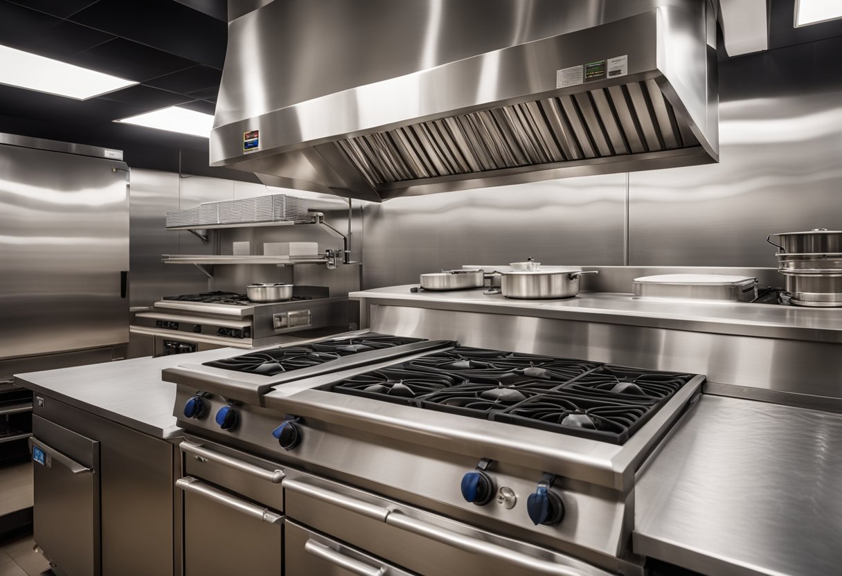 A stainless steel commercial kitchen hood system with exhaust fan, filters, and ductwork mounted above a cooking range