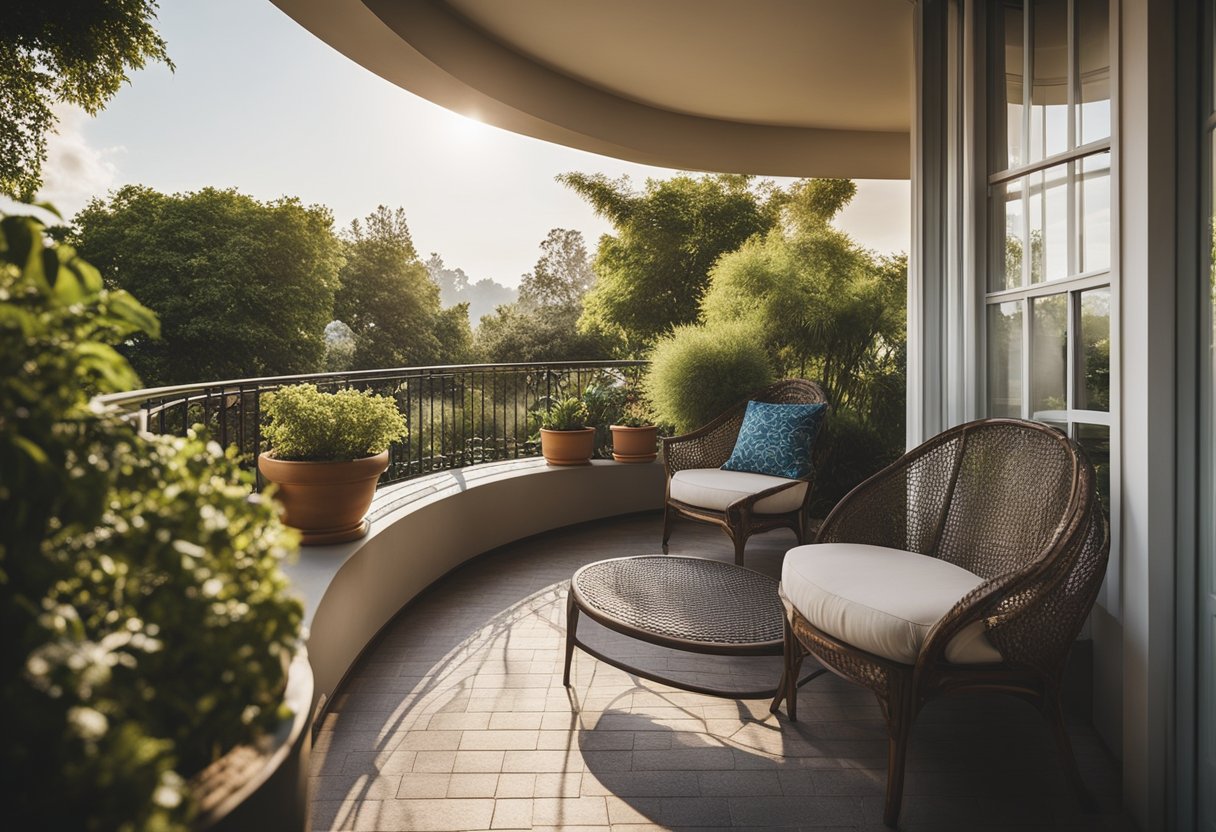 A curved balcony overlooks a lush garden with comfortable seating and vibrant potted plants, creating a tranquil and inviting outdoor space