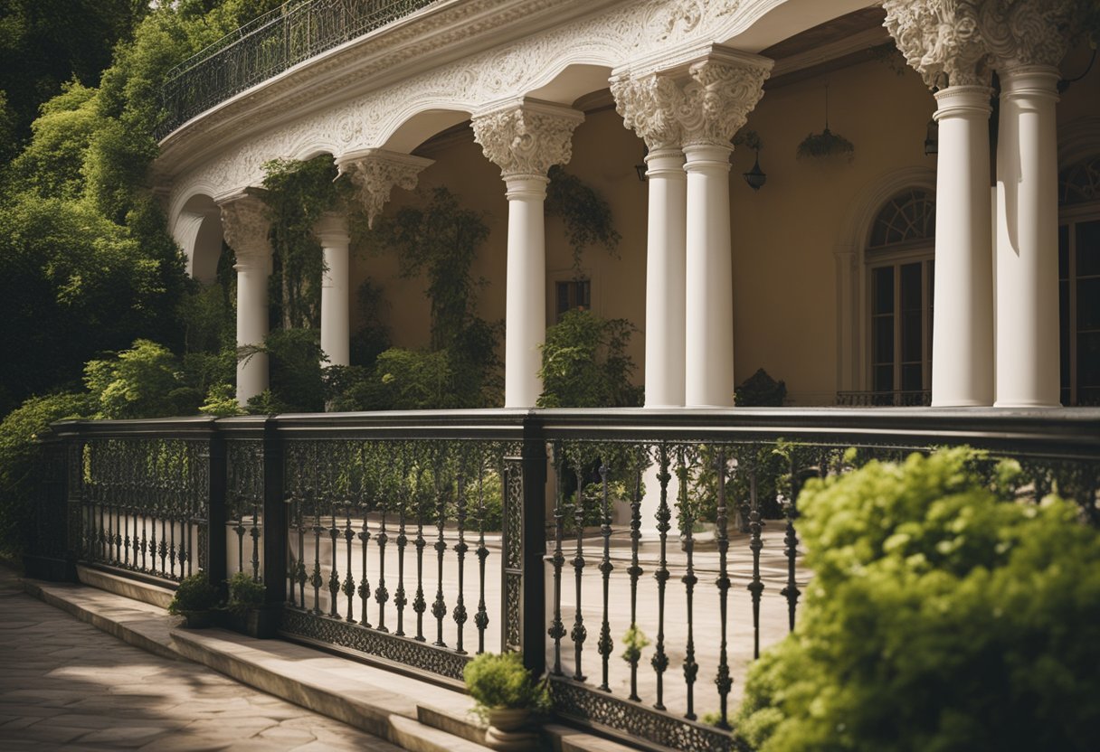 A grand portico balcony with intricate columns and ornate railings overlooks a lush garden