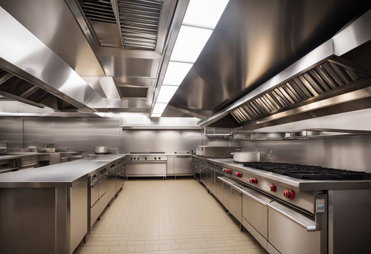 A commercial kitchen with a large stainless steel hood suspended over the cooking area, with powerful vents and filters to remove smoke and grease