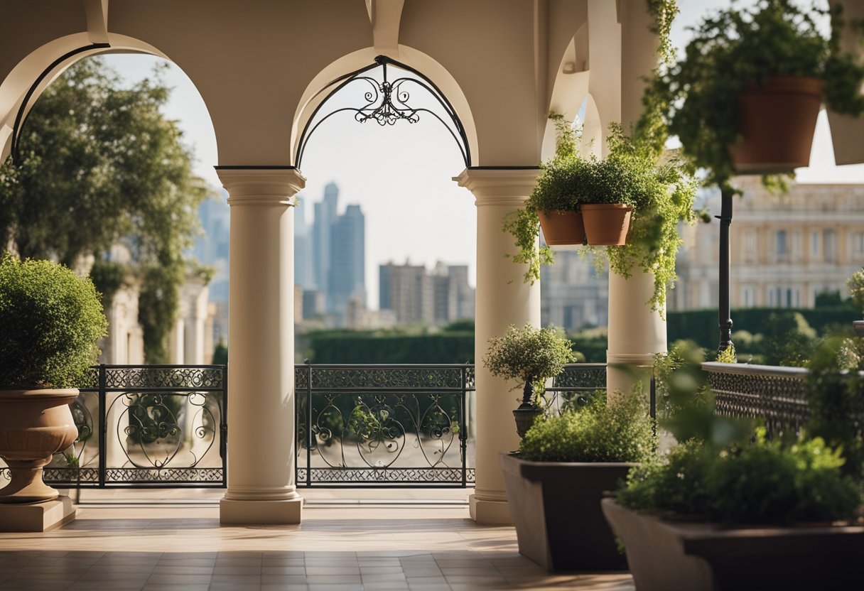 A spacious portico balcony with elegant iron railings and potted plants, overlooking a serene garden or cityscape