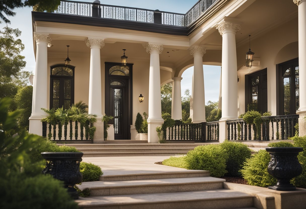 A grand portico balcony overlooks a landscaped front yard, with elegant columns and intricate railing design, adding charm and value to the property