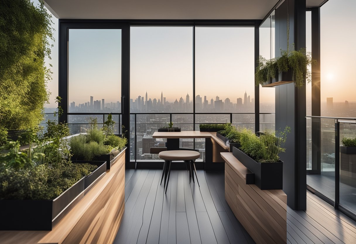 A modern kitchen balcony with sleek countertops, a small herb garden, and a cozy seating area overlooking a city skyline