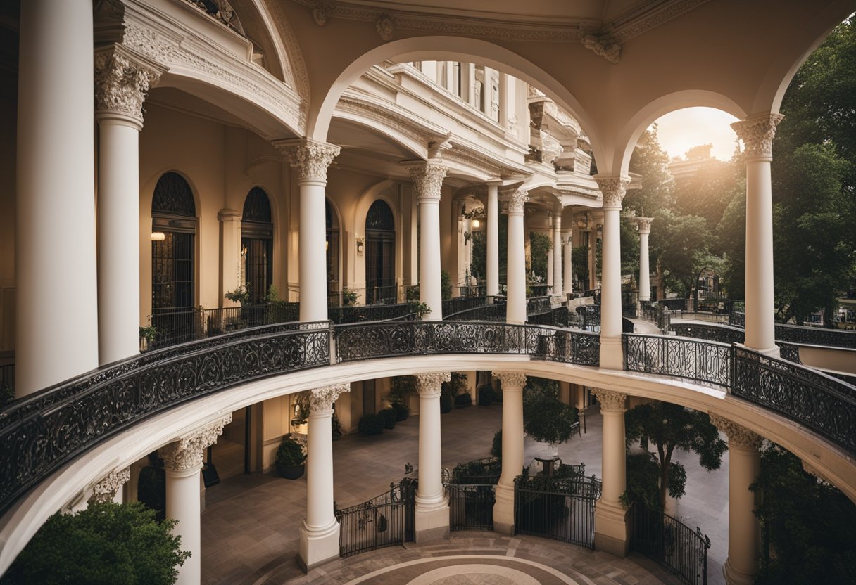 A grand portico balcony with ornate columns and intricate railings overlooks a bustling plaza, with a sign reading "Frequently Asked Questions" prominently displayed