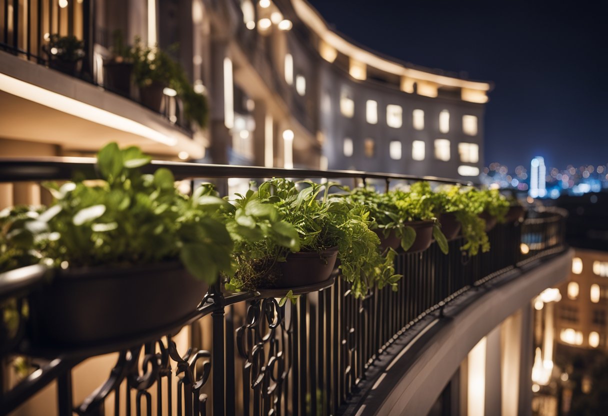 A curved balcony with intricate railings overlooks a bustling cityscape, with potted plants and elegant lighting fixtures adding to the ambiance