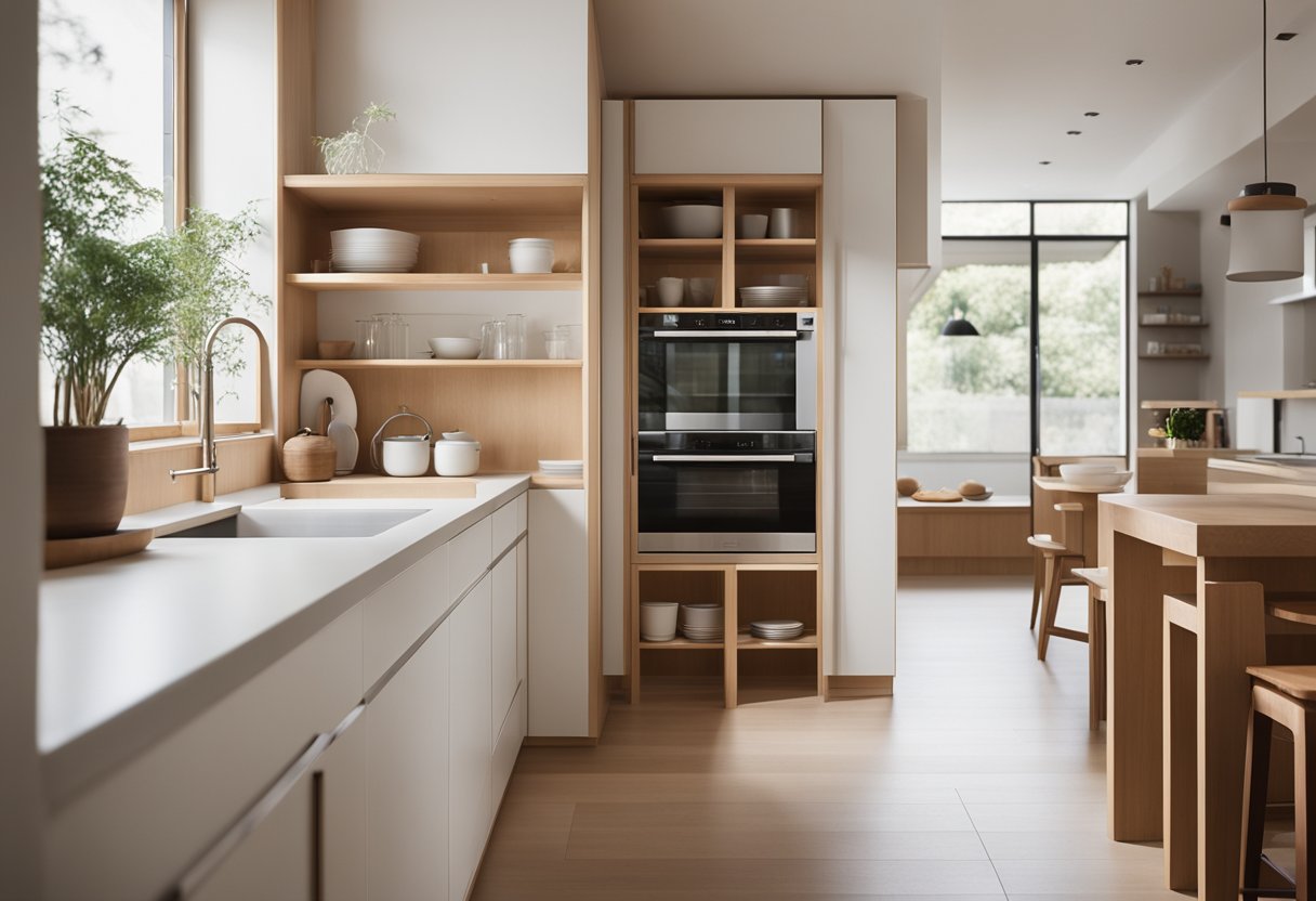 Clean lines, neutral colors, and natural materials define a Japanese minimalist kitchen. A clutter-free space with simple, functional furniture and ample natural light