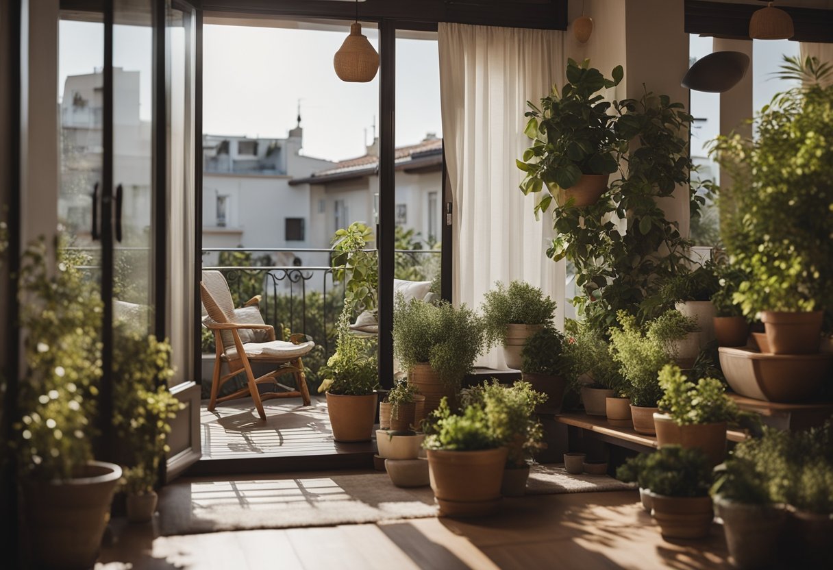 A cozy kitchen balcony with potted plants, comfortable seating, and privacy screens for a relaxing and intimate atmosphere