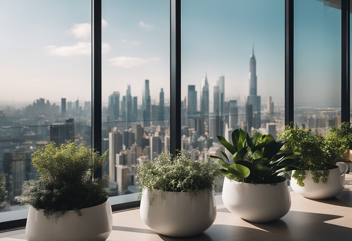 A modern kitchen balcony with sleek furniture, potted plants, and a panoramic view of the city skyline