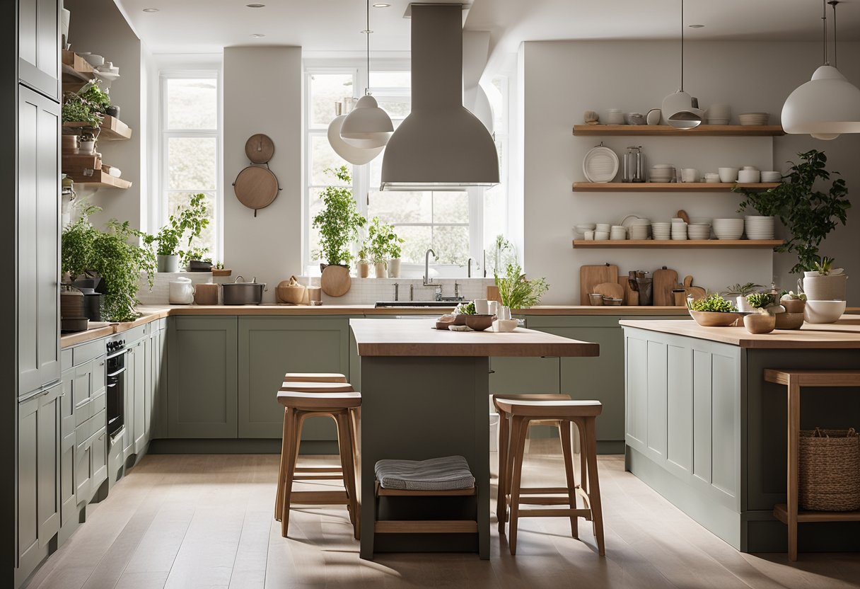 A spacious, uncluttered kitchen with clean lines, natural materials, and muted colors. Simple, functional furniture and storage solutions. Peaceful ambiance with soft lighting and a focus on clean, organized spaces