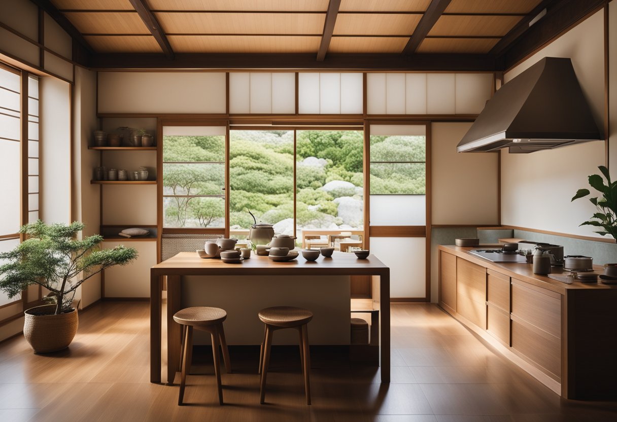 A serene Japanese kitchen with clean lines, natural materials, and minimal clutter. A low table with floor cushions, sliding paper doors, and a simple tea set