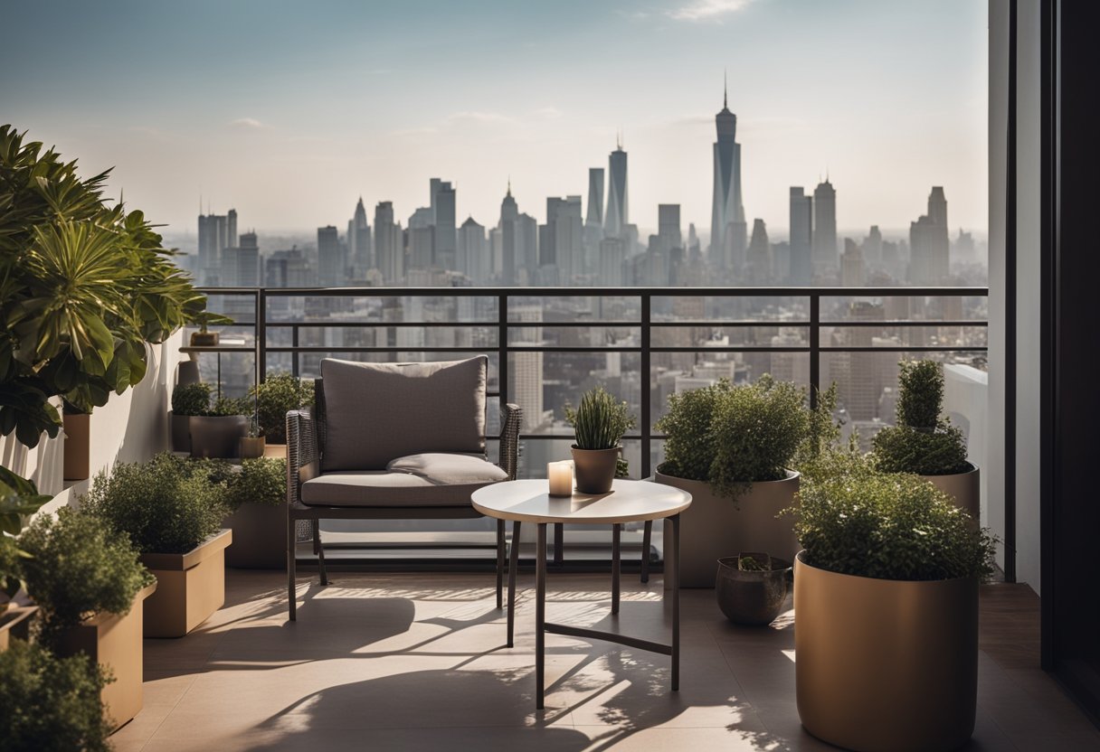 A modern terrace balcony with sleek furniture, potted plants, and a stunning view of the city skyline