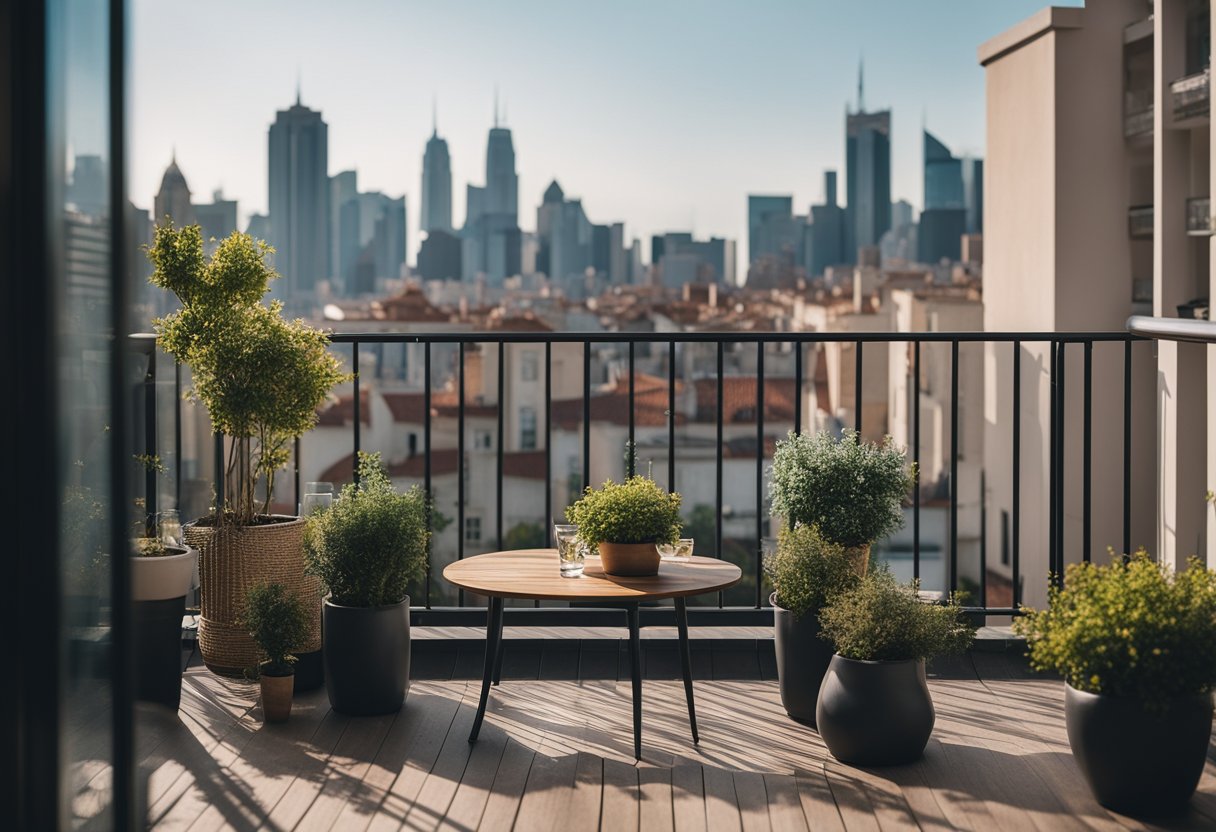 A cozy terrace balcony with potted plants, comfortable seating, and a small table overlooking a city skyline