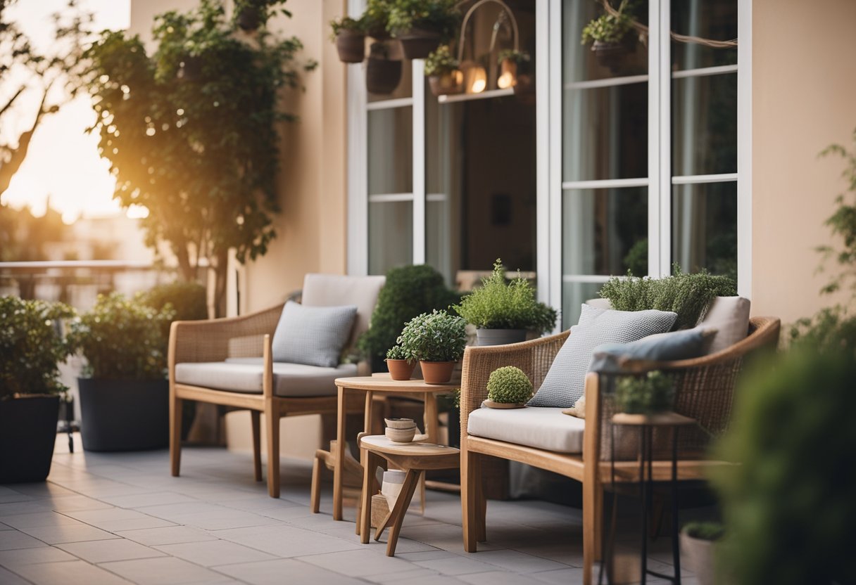 A cozy terrace balcony with comfortable seating, a small table, potted plants, and soft lighting for a relaxing and functional outdoor space