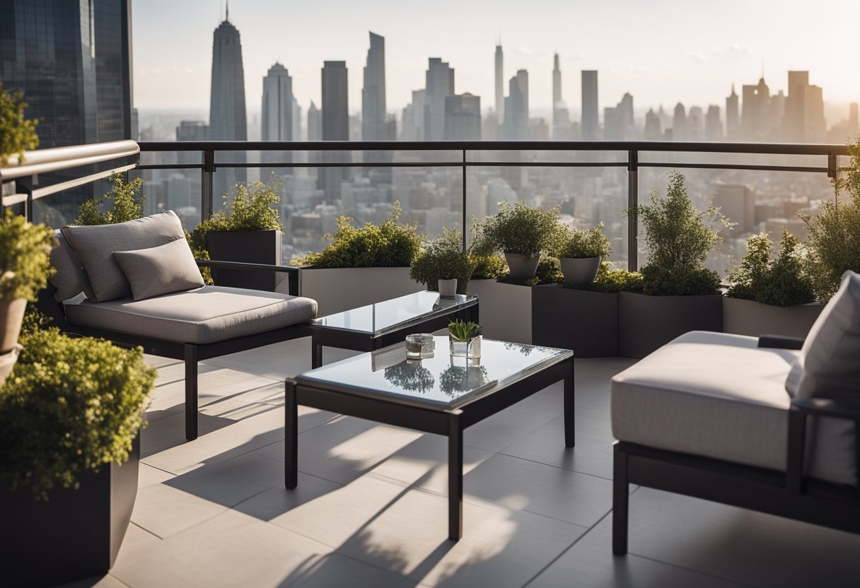 A sleek, minimalist balcony with glass railings, potted plants, and contemporary outdoor furniture overlooking a city skyline