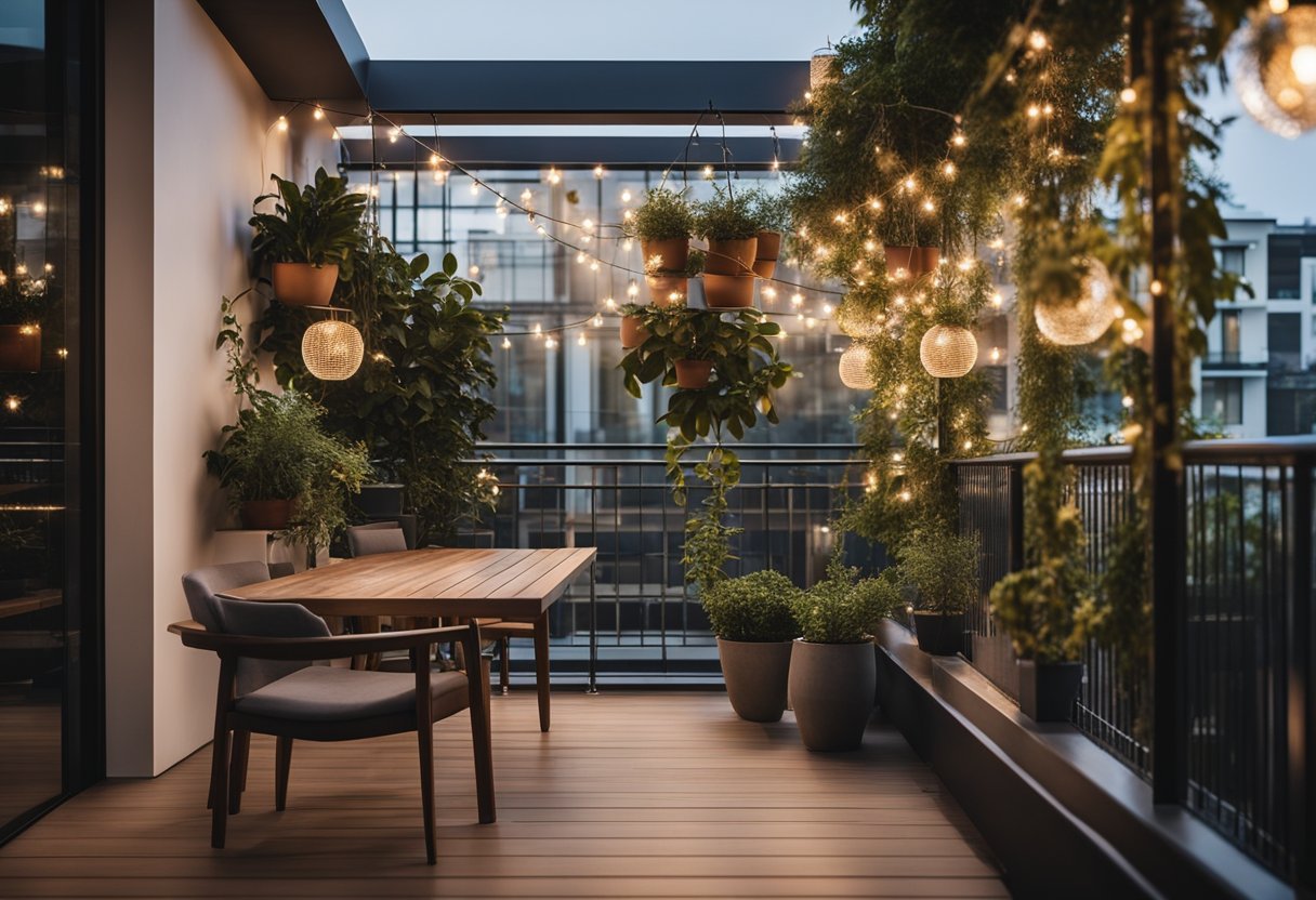 A sleek, modern balcony grill design with stainless steel and glass panels, surrounded by potted plants and hanging string lights