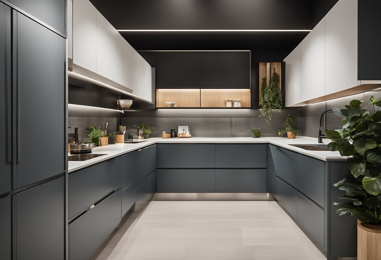 A U-shaped kitchen cabinet layout with sleek, modern design and ample storage