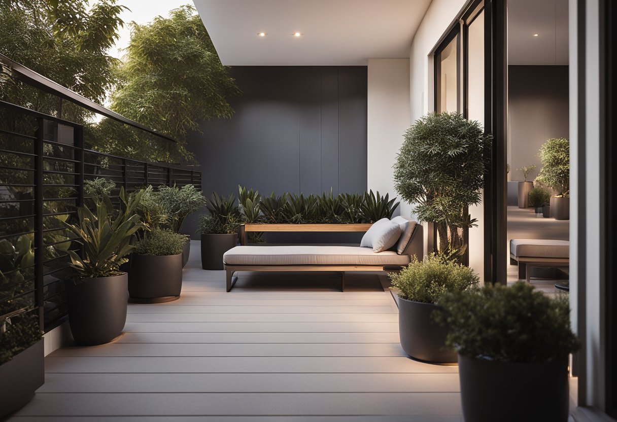 A sleek, minimalist balcony with contemporary furniture, potted plants, and ambient lighting, creating a serene and stylish outdoor retreat