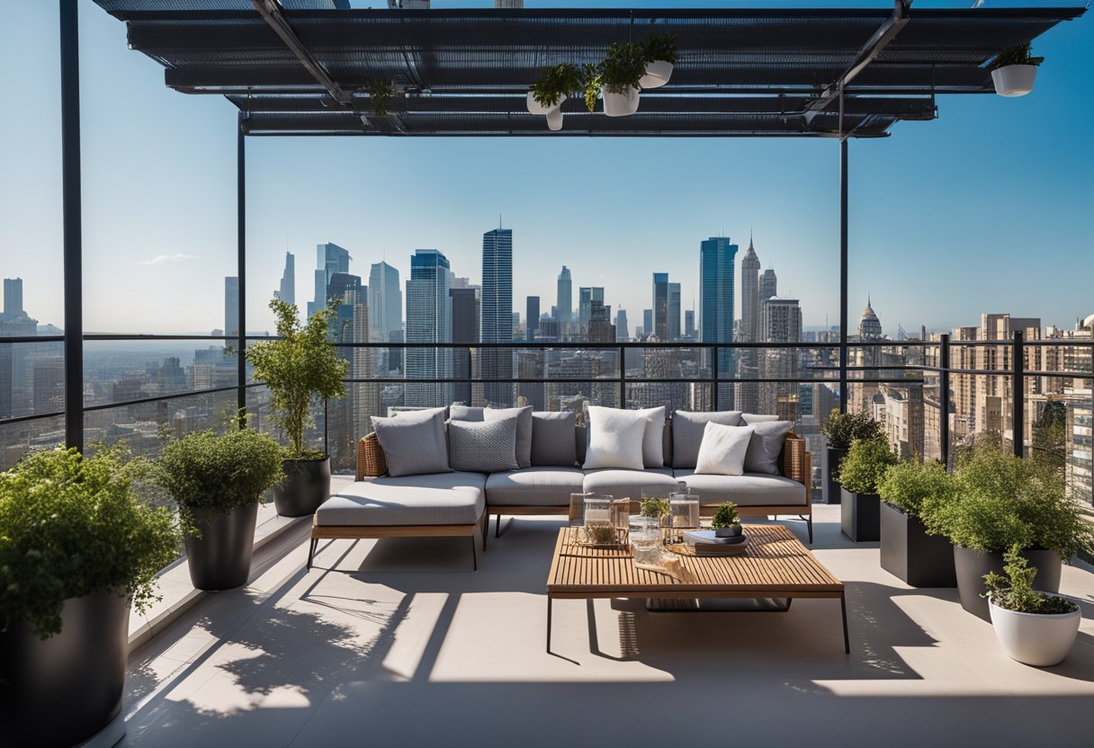 A modern terrace balcony with sleek furniture, potted plants, and a pergola overhead. Clear blue skies and a city skyline in the background