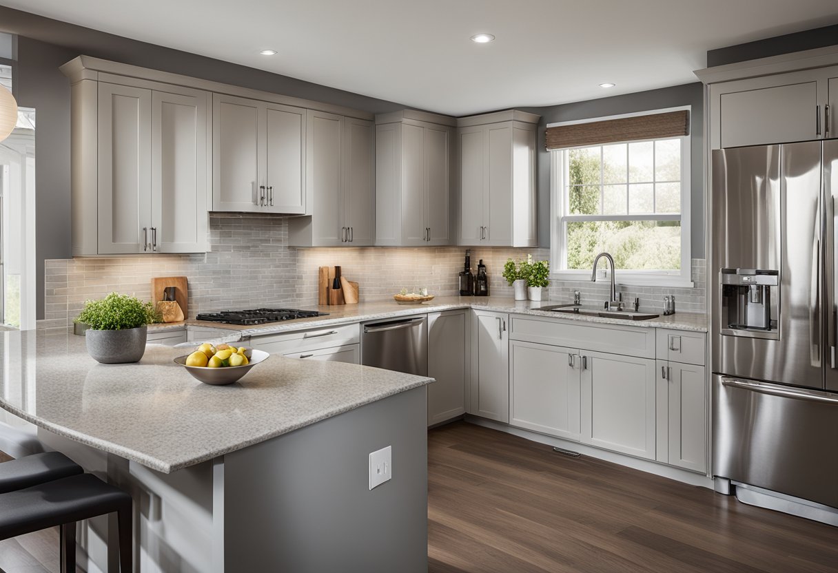 A U-shaped kitchen with sleek cabinets, granite countertops, and stainless steel appliances. Bright, natural light floods the space from a large window