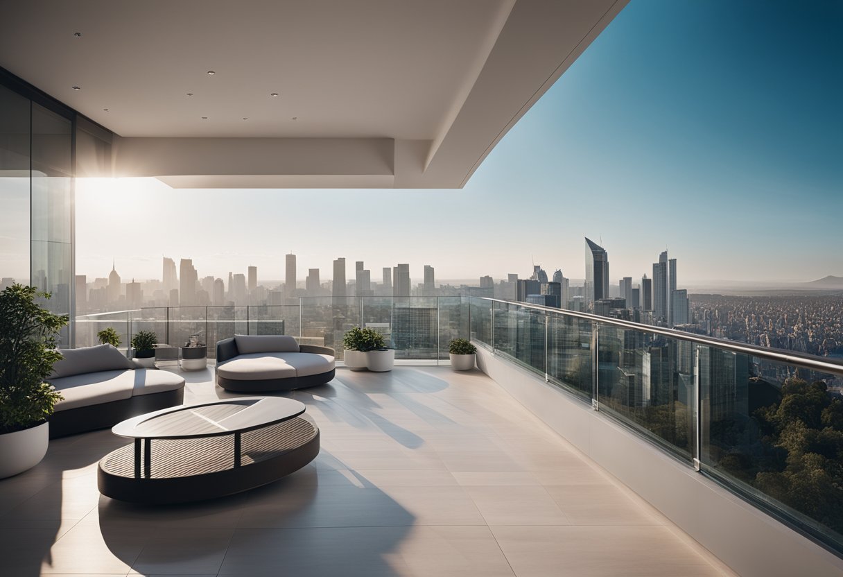 A sleek, minimalist balcony with clean lines and modern furniture, surrounded by glass railings and overlooking a city skyline