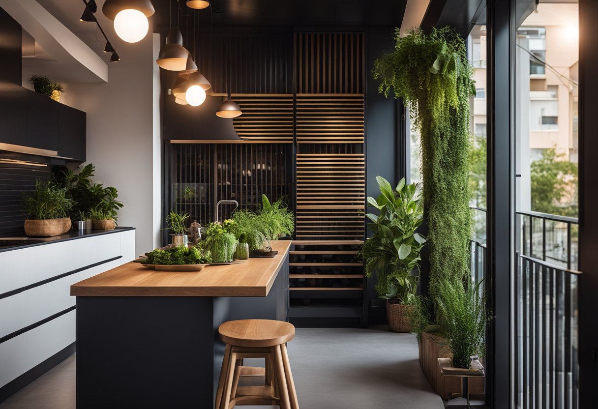 A sleek, modern kitchen balcony grill design with hanging plants, cozy seating, and ambient lighting