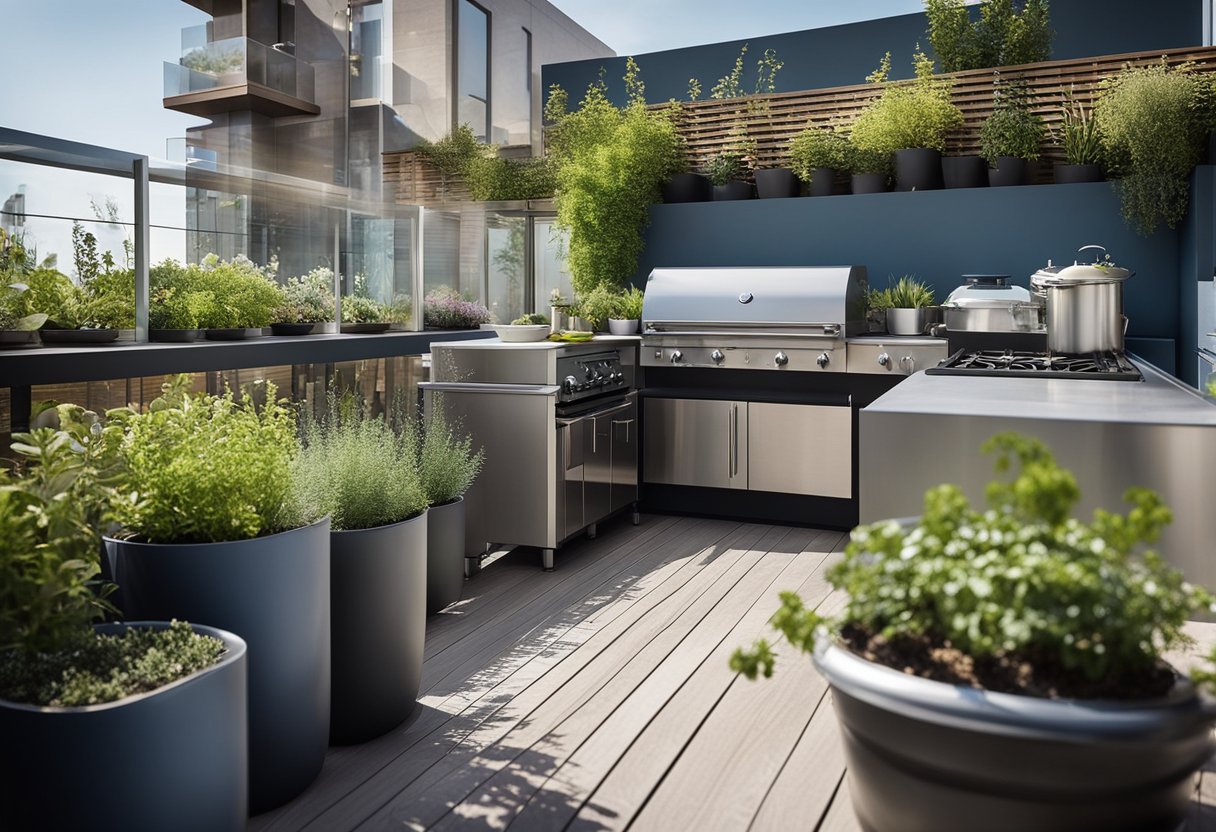 A sleek, modern kitchen balcony with a stainless steel grill, surrounded by potted herbs and plants, under a clear blue sky