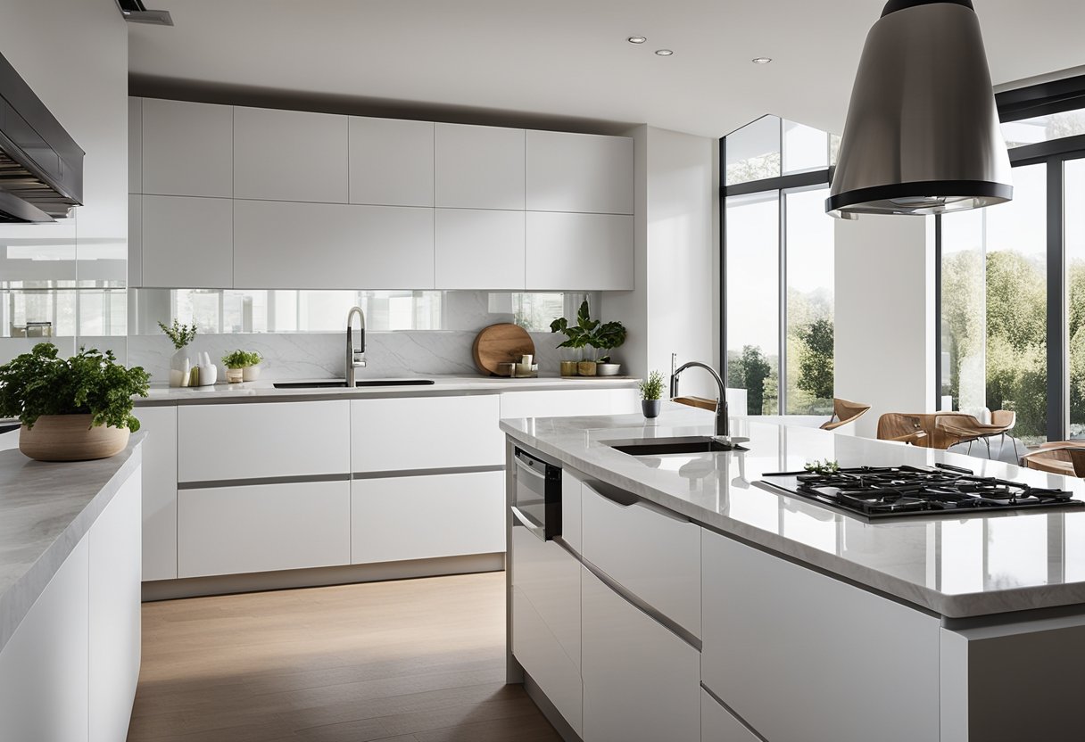 A spacious, open-plan kitchen with sleek, white cabinets, marble countertops, and stainless steel appliances. Large windows flood the space with natural light, highlighting the minimalist, modern design