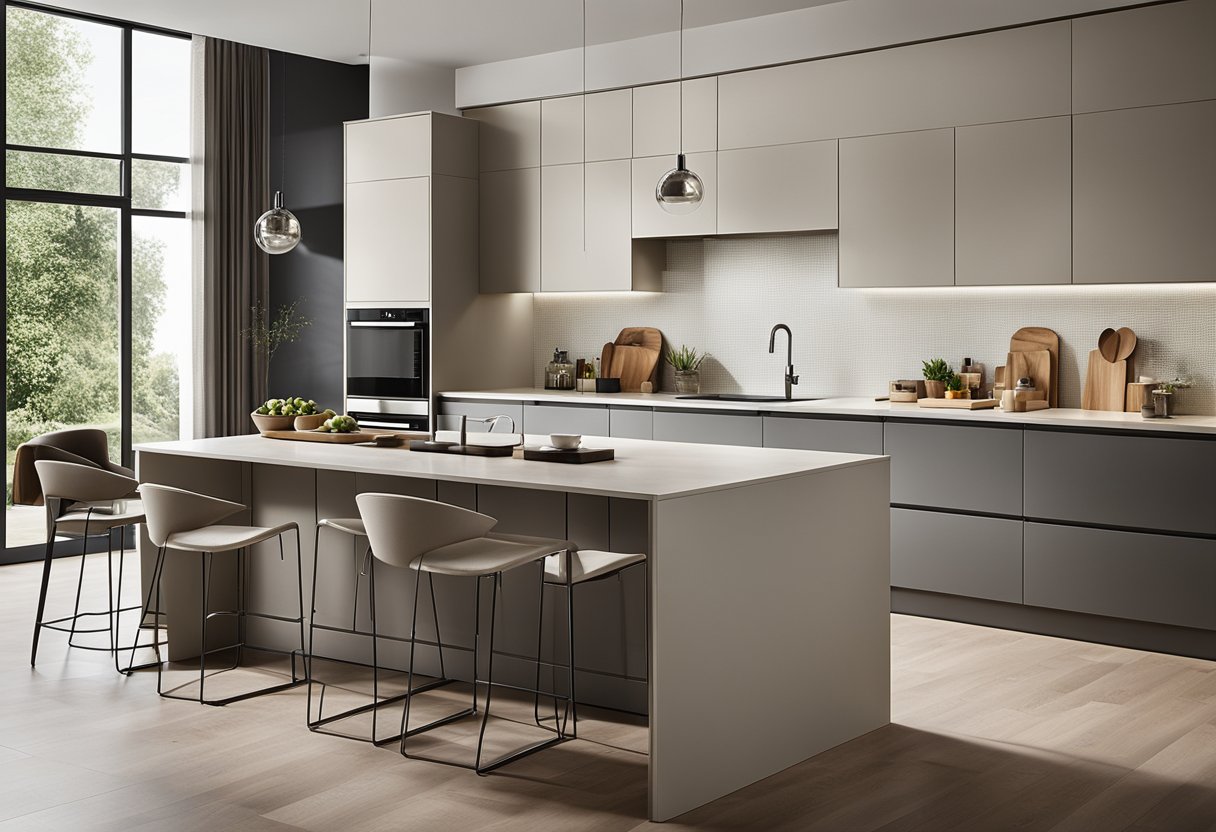 A sleek, modern kitchen with custom cabinets in a neutral color palette. The cabinets feature clean lines, integrated handles, and innovative storage solutions