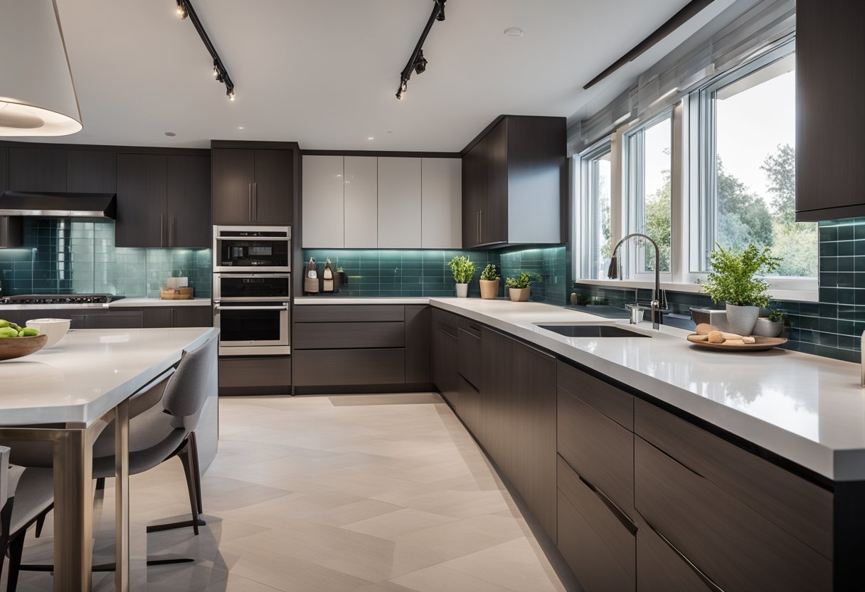 A sleek, open-plan kitchen with clean lines, minimalist cabinetry, and integrated appliances. A large central island with a quartz countertop and pendant lighting. Glass tile backsplash and stainless steel accents