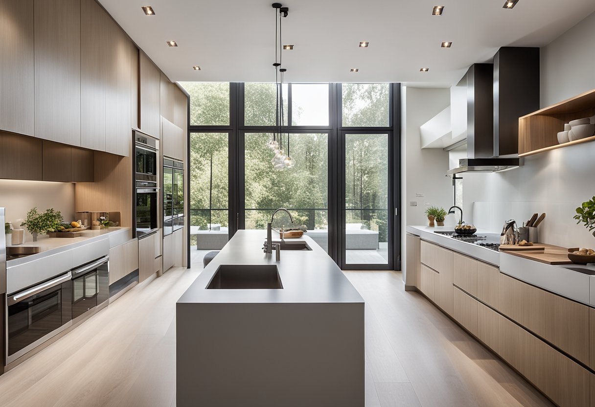 A sleek, open-plan kitchen with minimalist cabinetry and integrated appliances. Natural light floods the space through large windows, accentuating the clean lines and neutral color palette. recessed lighting fixtures provide a warm, ambient glow