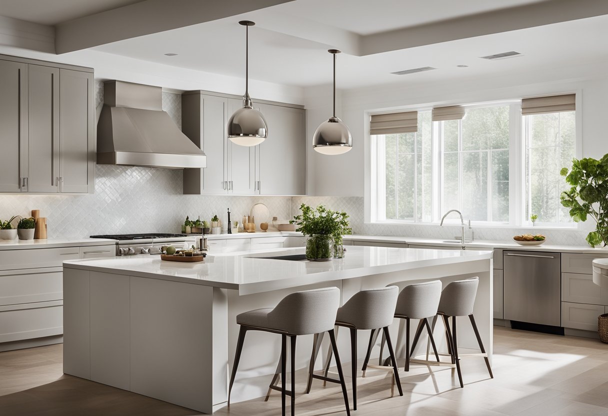 A sleek, minimalist kitchen with clean lines, integrated appliances, and a neutral color palette. A large island with a waterfall countertop serves as the focal point, while pendant lights add a touch of modern elegance