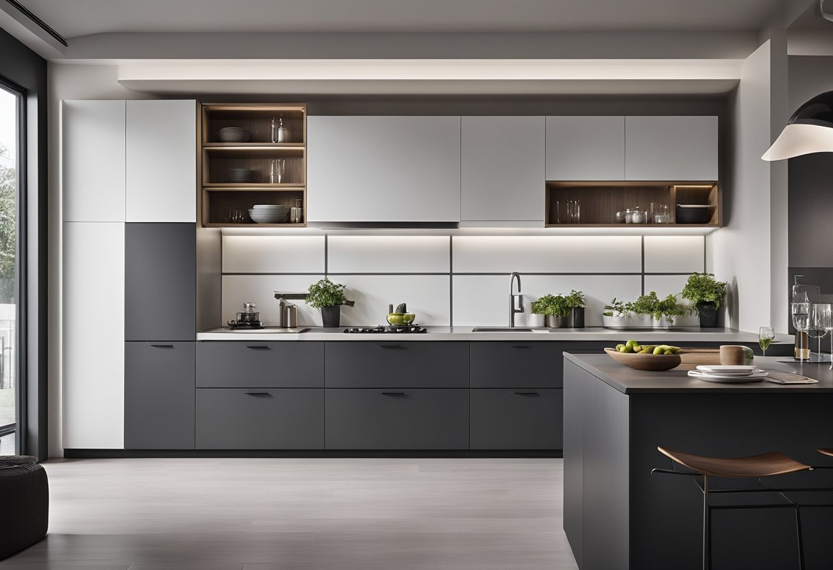 A modern kitchen cabinet with sleek white laminate doors and a contrasting dark grey countertop. The cabinet features a combination of light wood and dark grey laminate for a contemporary look