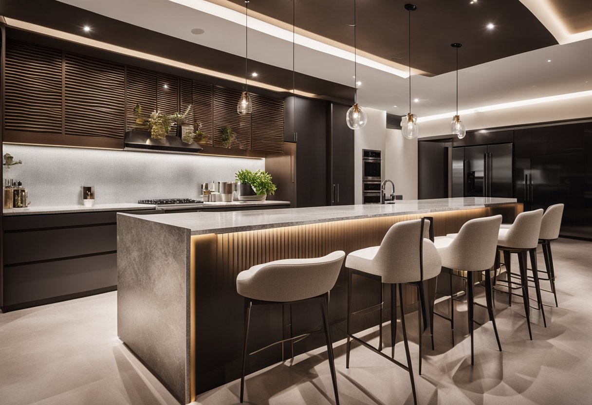 A sleek, modern kitchen counter bar with a granite countertop, pendant lights, and high stools