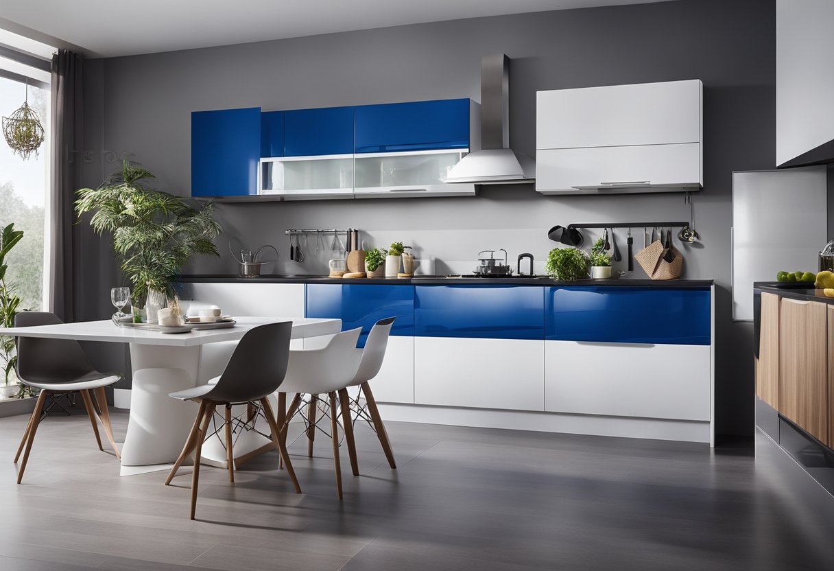 A kitchen with modern, sleek cabinets in a bold blue and white colour combination, with a glossy laminate finish