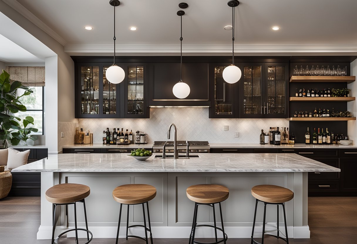 A sleek, marble-topped kitchen counter bar with modern pendant lighting, stylish bar stools, and a built-in wine rack