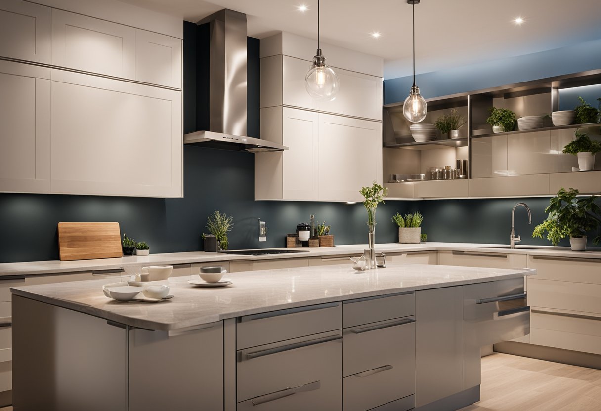 A modern kitchen with sleek custom cabinets, showcasing various design ideas. Bright lighting highlights the details and functionality of the cabinets
