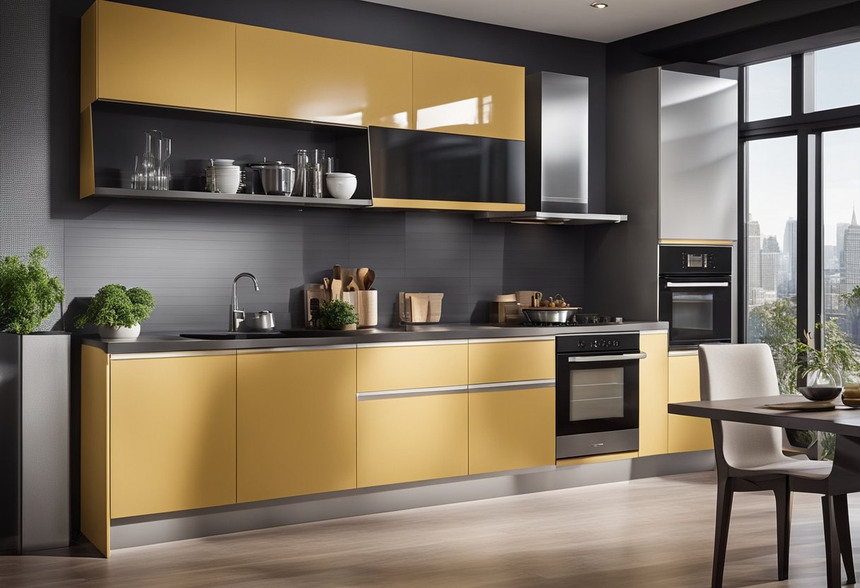 A kitchen cabinet design featuring a sleek combination of laminate materials in complementing colors, with a smooth and glossy finish