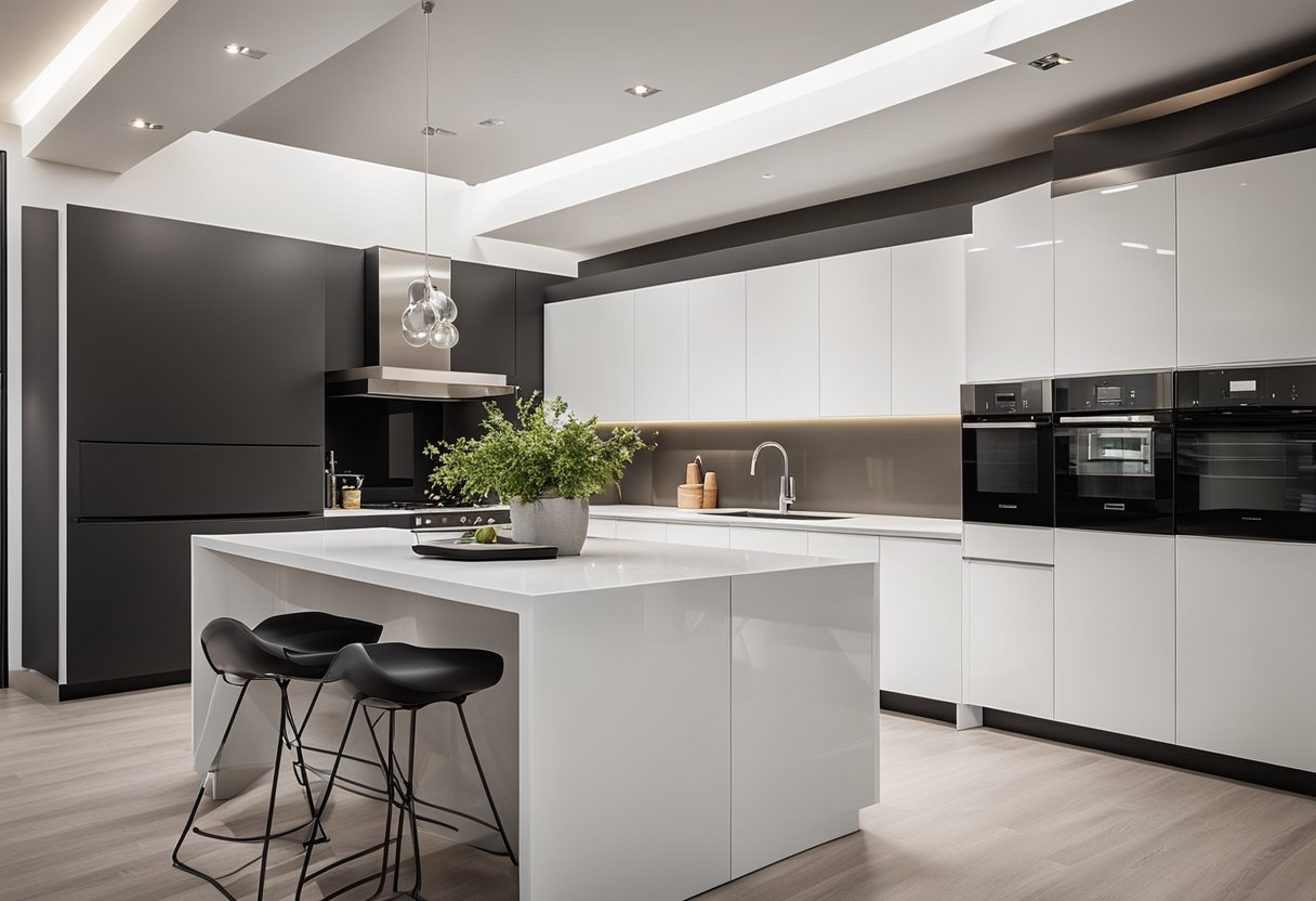 A modern kitchen with sleek white cabinets and a bold, contrasting laminate countertop. The color combination is visually striking and enhances the overall design
