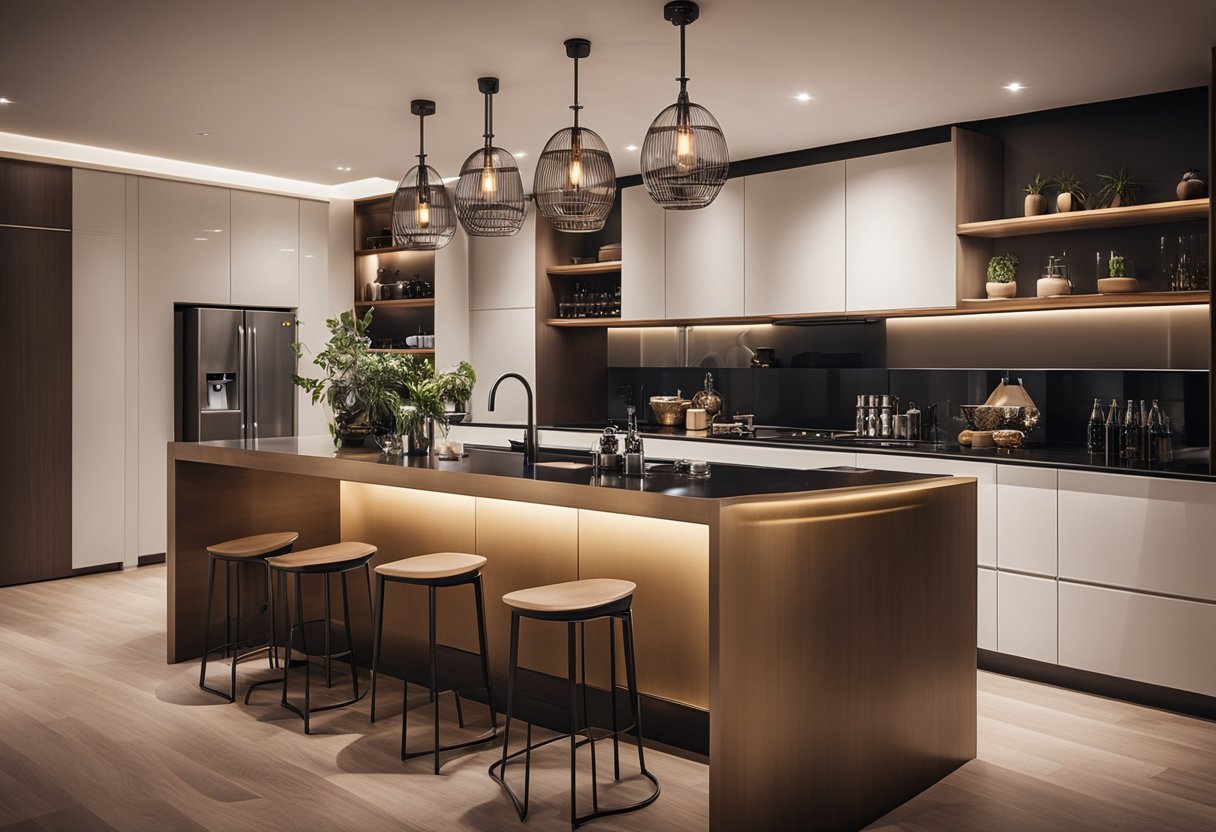 A stylish kitchen bar with modern stools, sleek pendant lighting, and a variety of decorative accessories on the counter