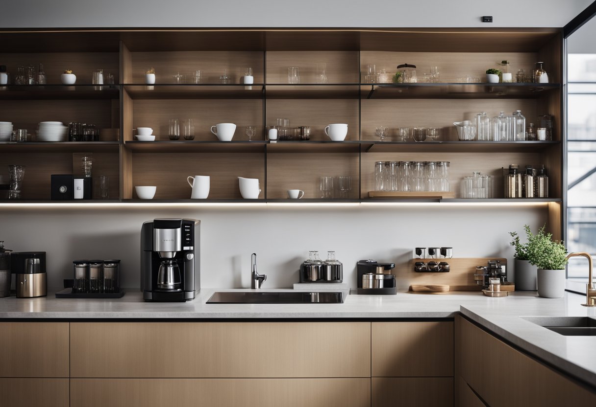 A sleek, modern kitchen counter bar with clean lines and a minimalist design. Shelves neatly organized with various glassware and a stylish coffee machine on the countertop