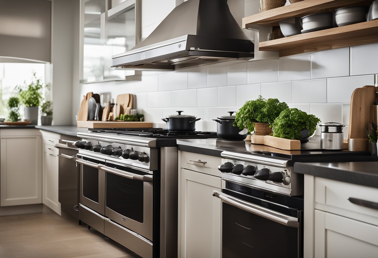 A spacious kitchen with a large stove, ample counter space, and durable, easy-to-clean materials. Heavy-duty appliances and plenty of storage for pots, pans, and cooking utensils