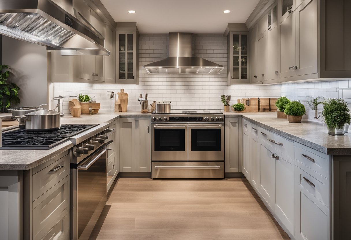 A spacious, well-lit kitchen with durable countertops, ample storage for pots and pans, and a large, professional-grade stove for heavy cooking