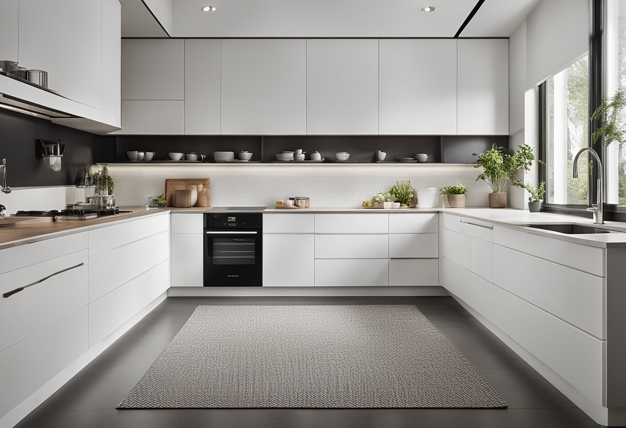 A modern kitchen with sleek, white cabinets and minimalist hardware. The cabinets are arranged in a symmetrical pattern, creating a clean and organized look