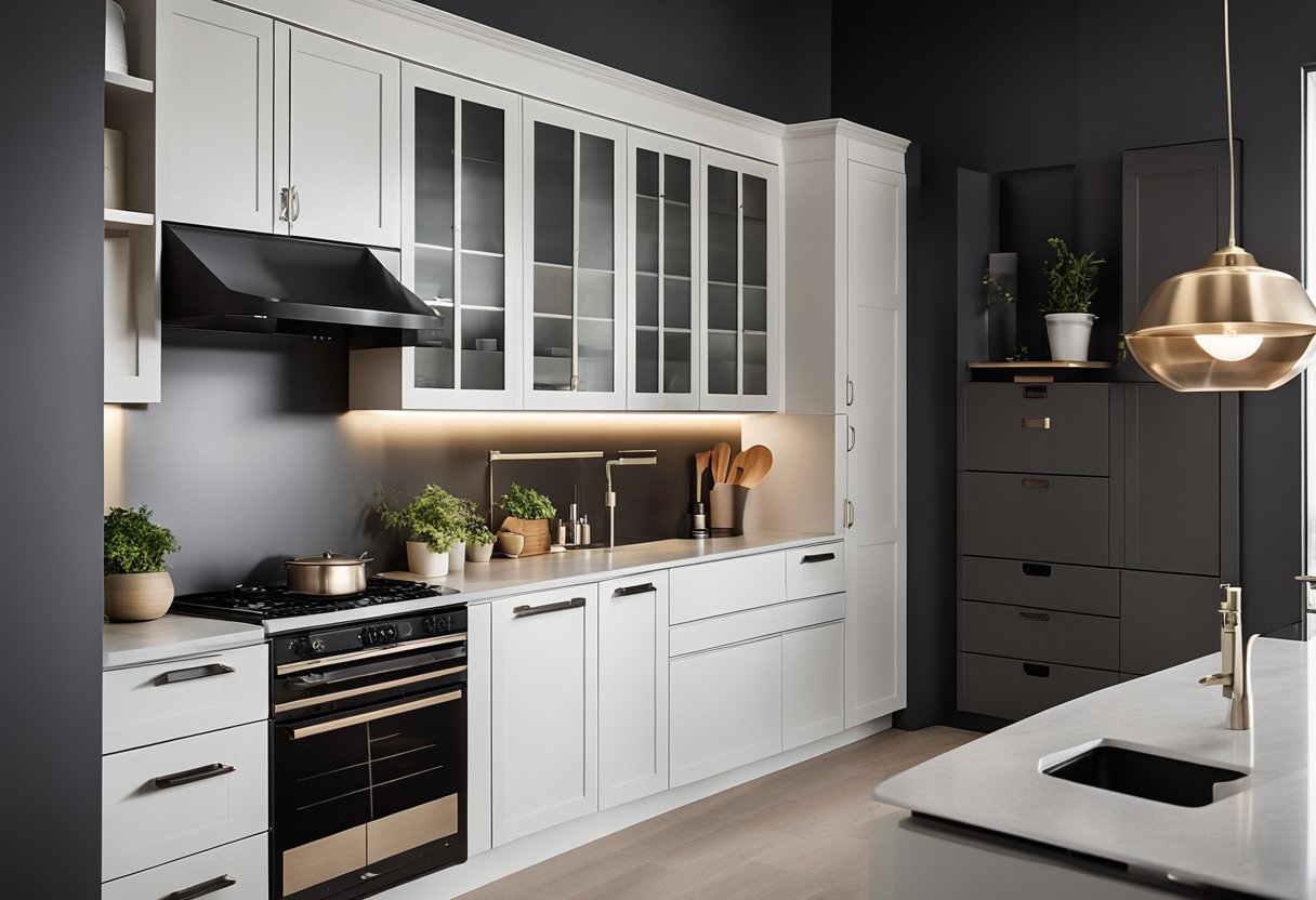 A kitchen wall with symmetrical cabinet layout, shelves, and drawers, featuring clean lines and modern hardware