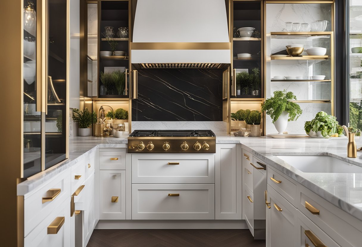 A sleek, modern kitchen with white shaker-style cabinets, gold hardware, and marble countertops. Glass-front upper cabinets showcase stylish dishes